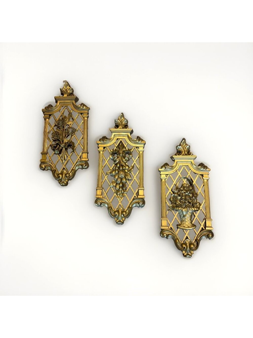 VTG Set Of 3 Dart Industries Wall Plaque Gold Lattice Floral Hollywood Regency